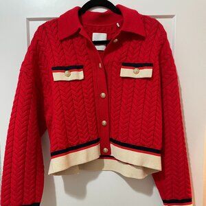 SANDRO IDRISS COLORBLOCK CABLE KNIT WOOL CARDIGAN IN RED